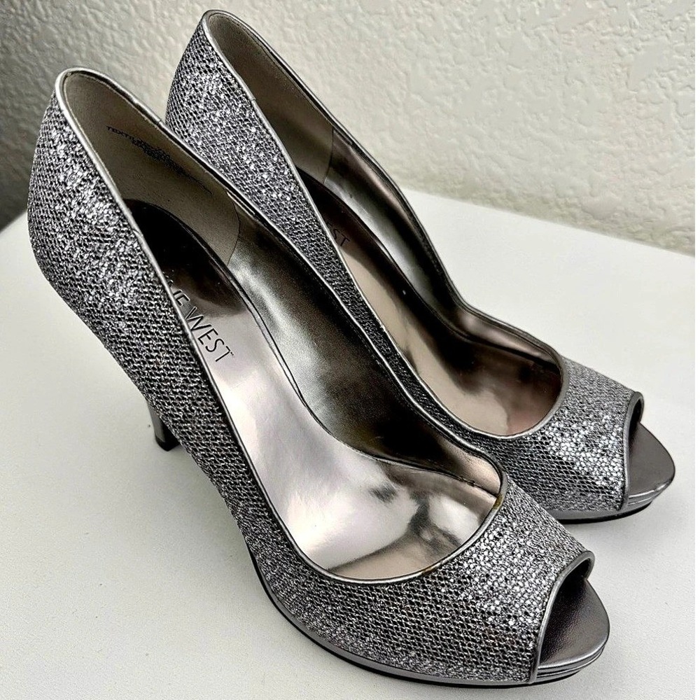 Nine West | Silver Glitter Peep Toe Platform Stiletto Pumps | Size 7